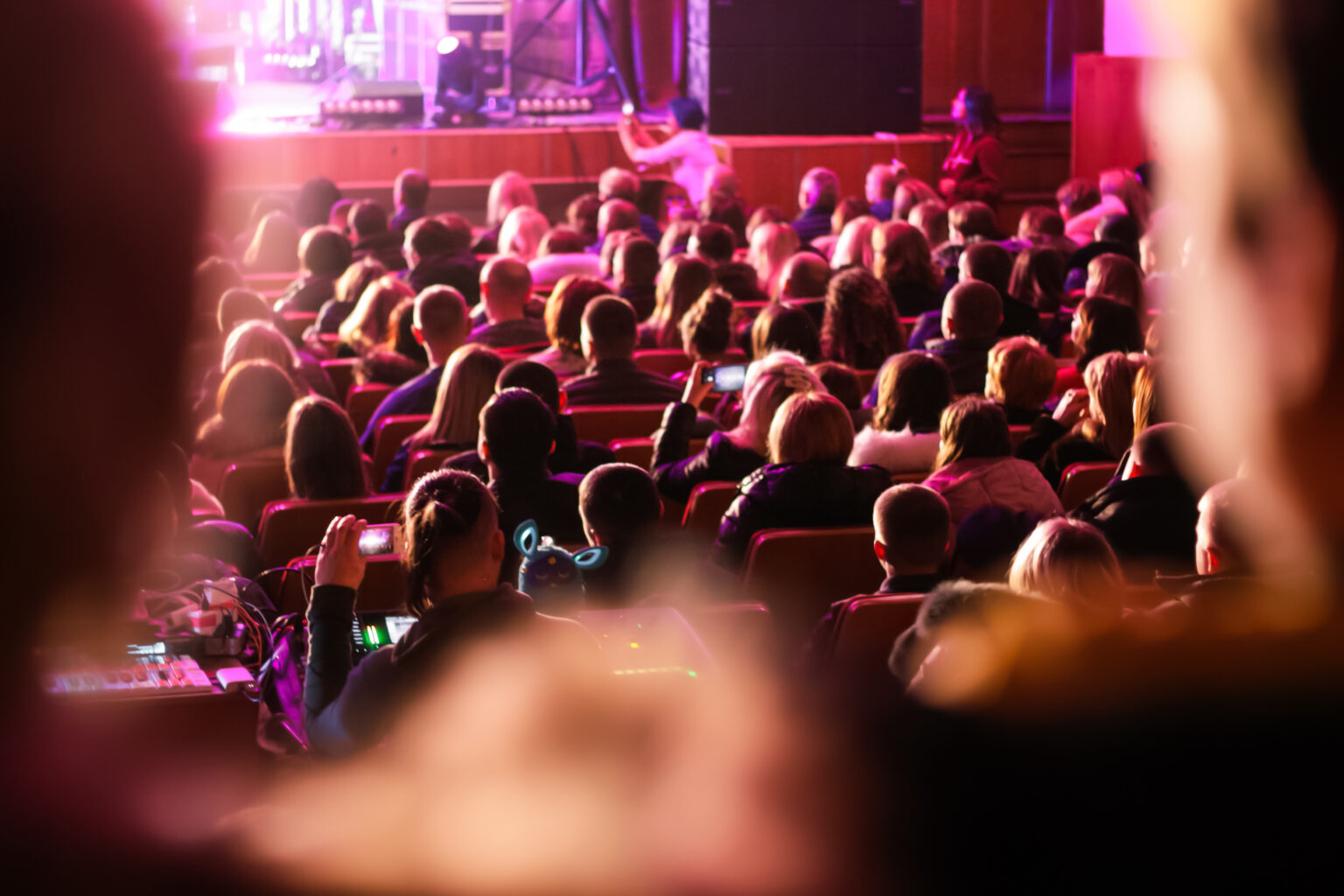 Spectators sit in the hall and watch a concert. People in the auditorium watching the performance.