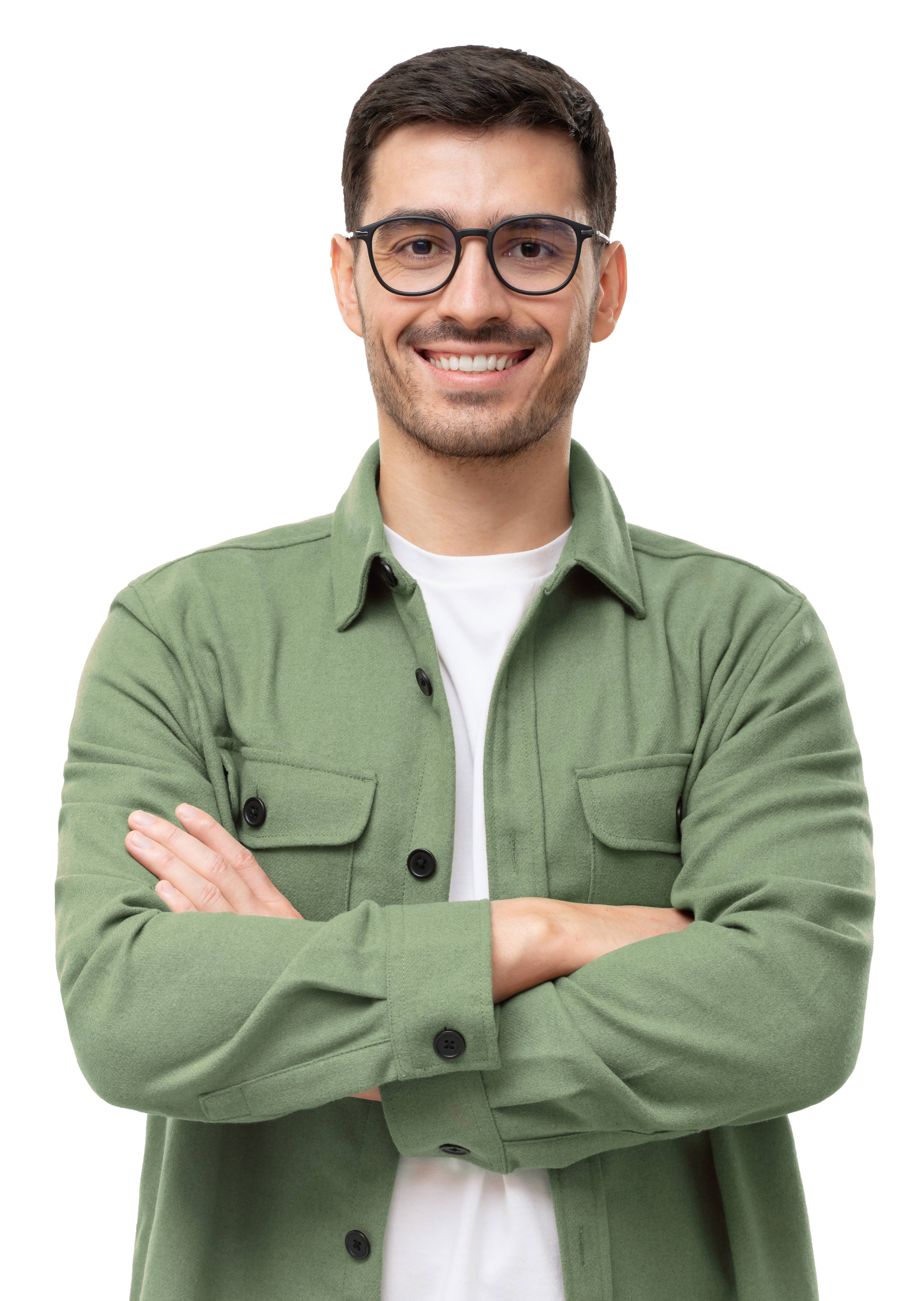 Man crossing arms with glasses