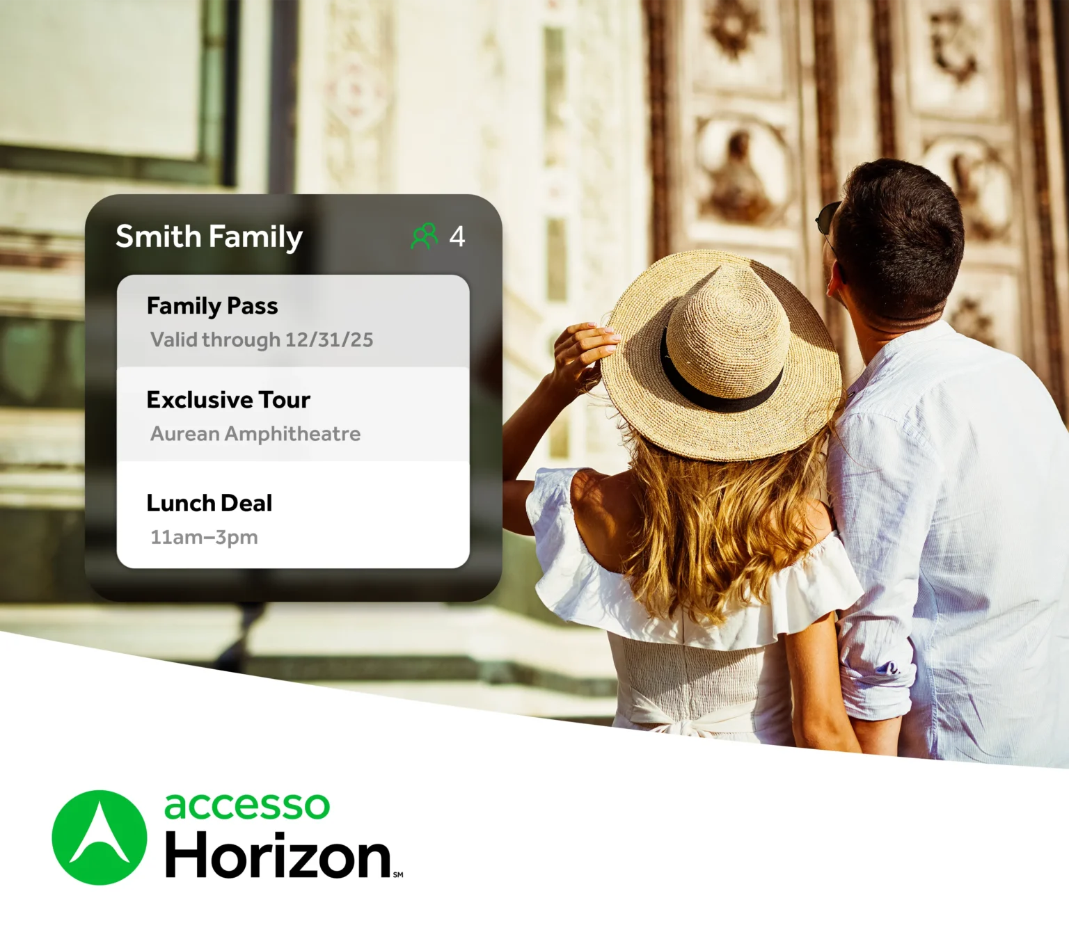 Mobile overlay with couple exploring a cultural site