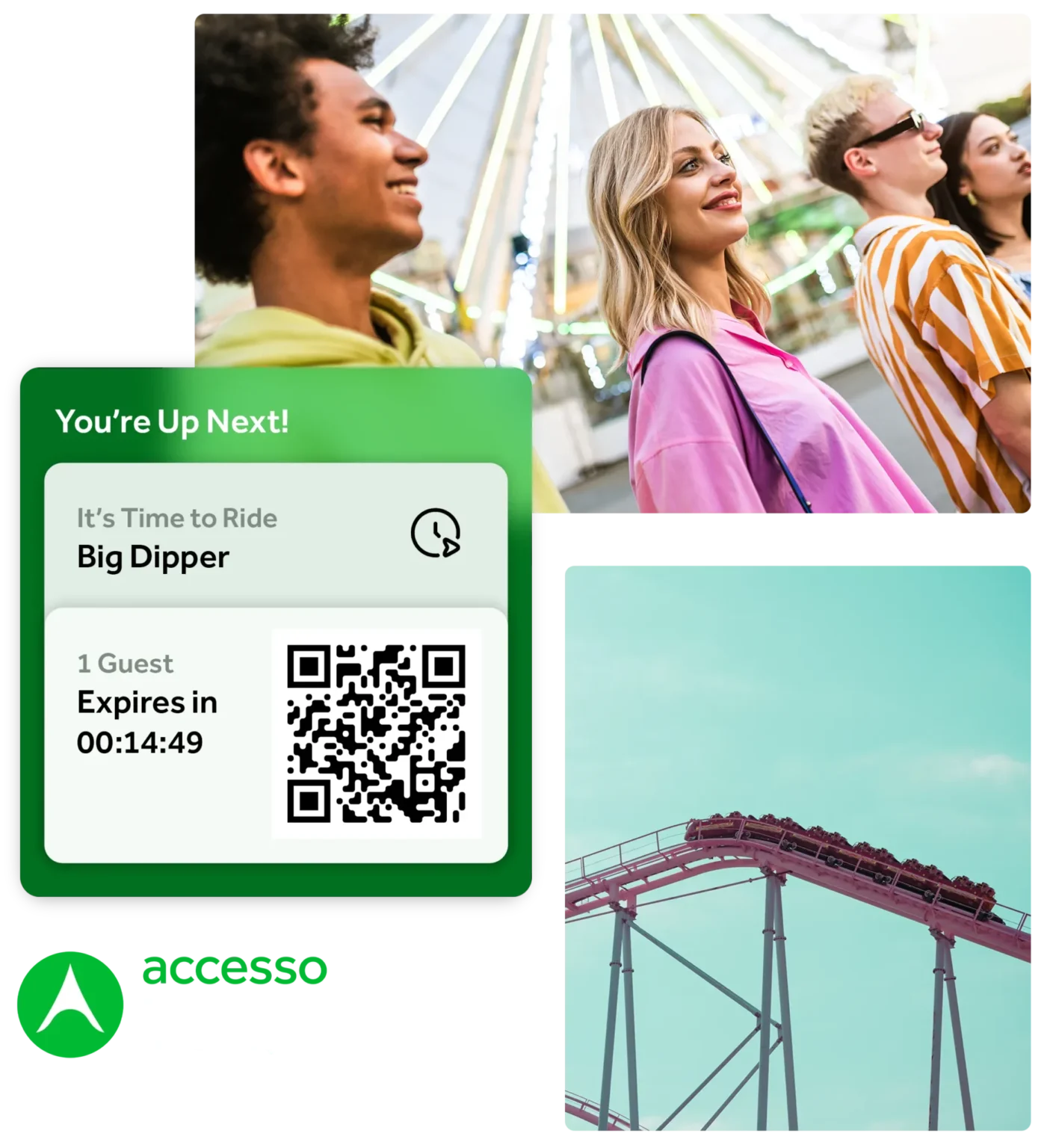 Mobile app screen in front of photos of teens at a fair and a roller coaster