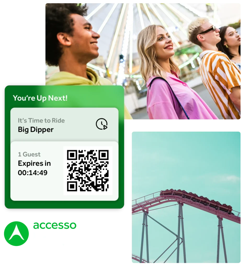 Mobile app screen in front of photos of teens at a fair and a roller coaster