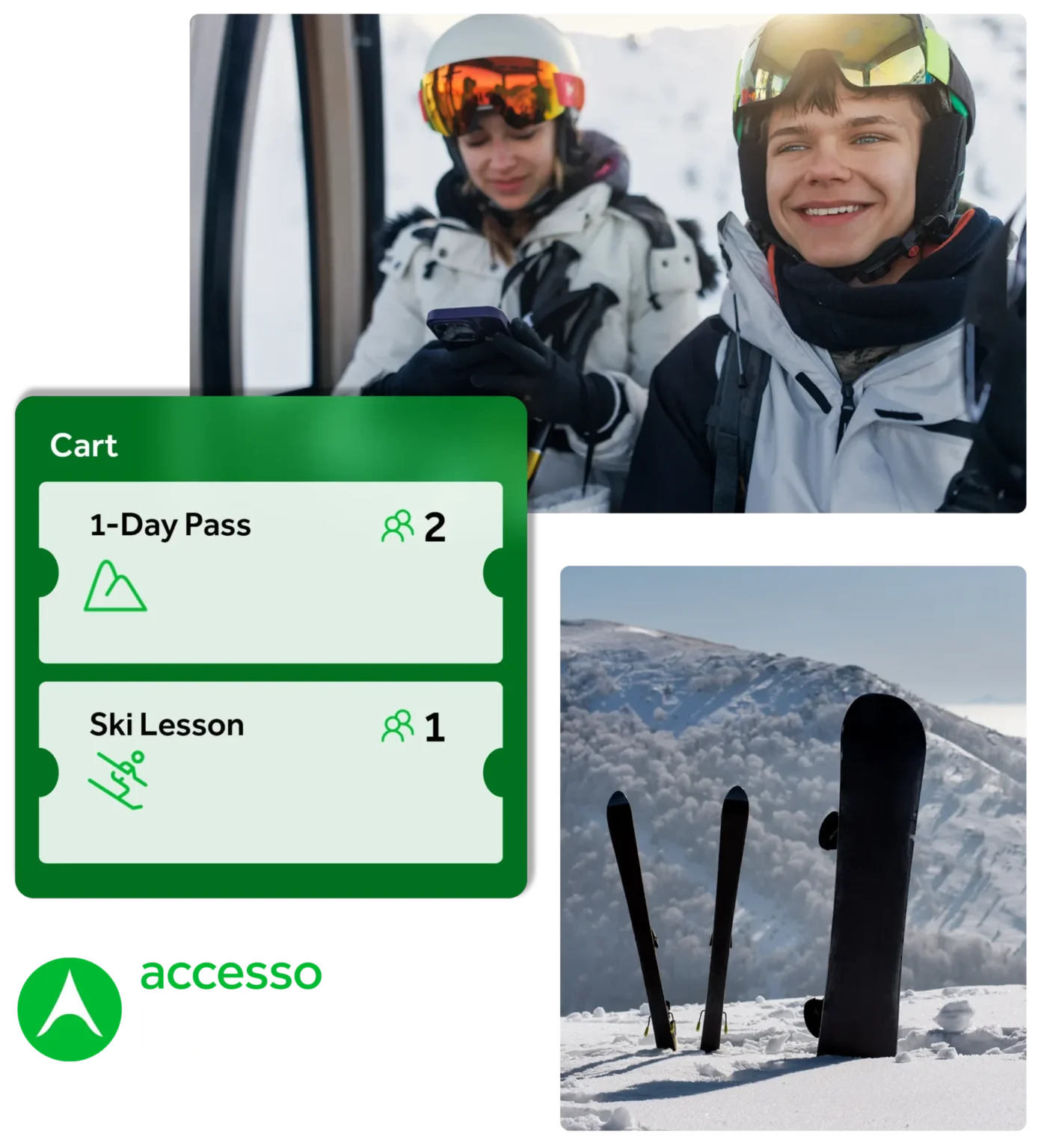Mobile overlay in front of ski and snowboard in the snow and two skiiers on a lift