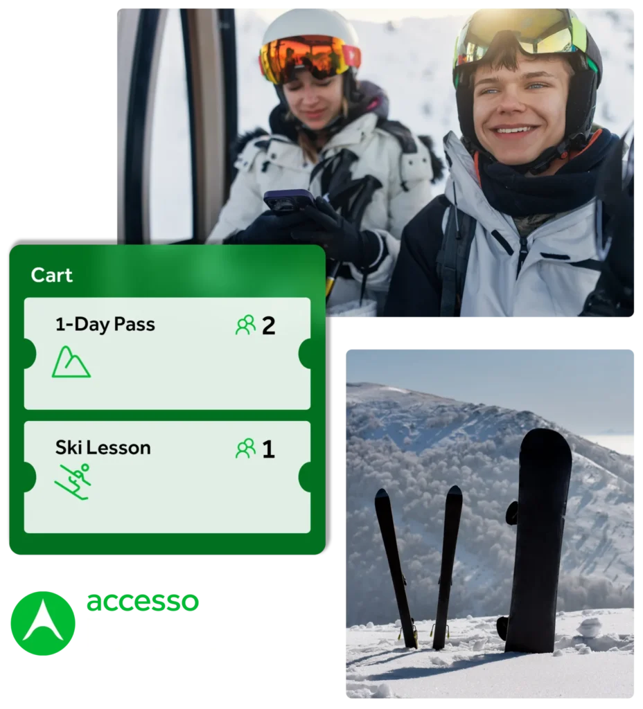 Mobile overlay in front of ski and snowboard in the snow and two skiiers on a lift