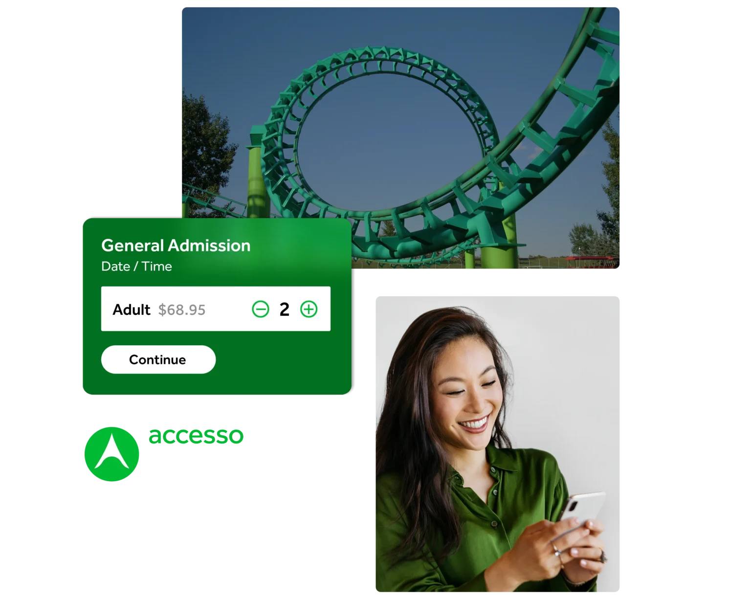 Mobile screen overlay in front of photo of woman on her phone and roller coaster in background