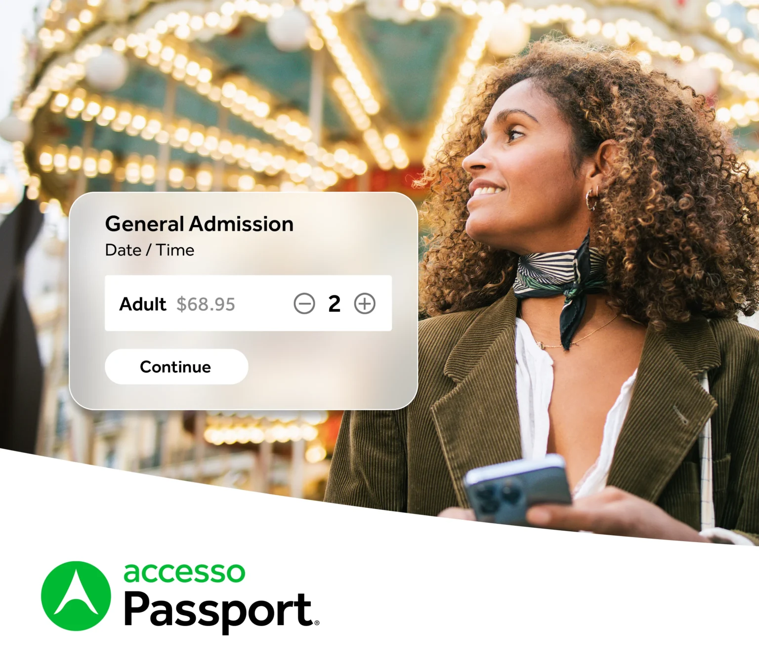 Mobile overlay over woman on phone in front of carousel