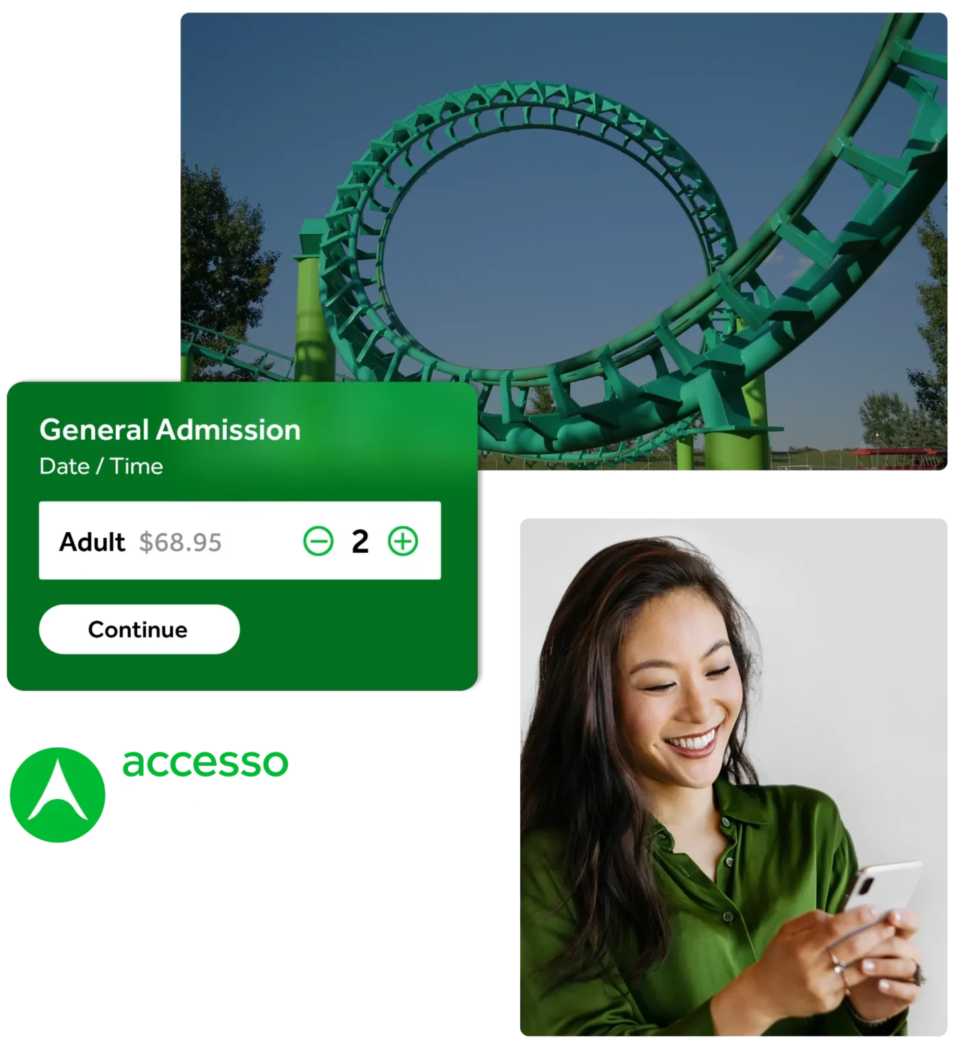 Mobile screen overlay in front of photo of woman on her phone and roller coaster in background