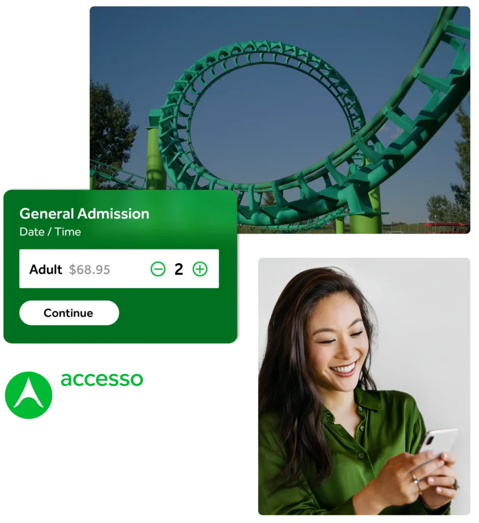 Mobile screen overlay in front of photo of woman on her phone and roller coaster in background
