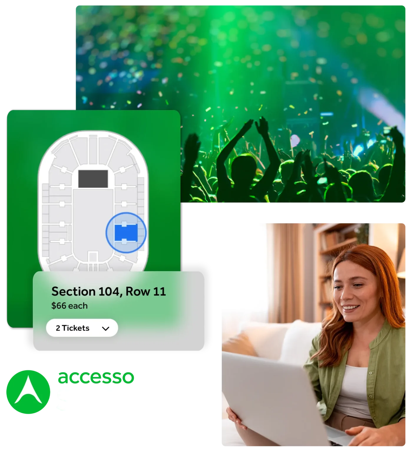 Mobile screen overlay over photo of woman on her laptop and crowd cheering at a concert