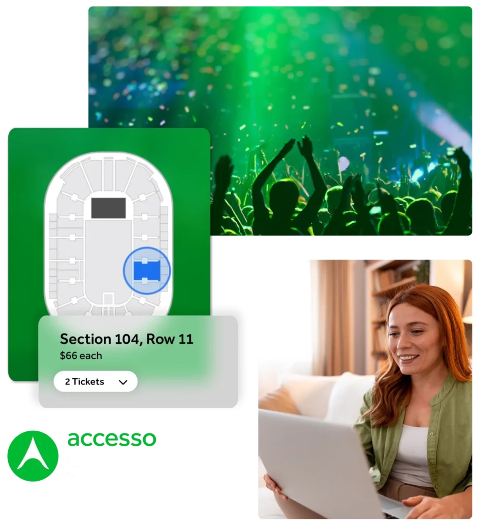 Mobile screen overlay over photo of woman on her laptop and crowd cheering at a concert