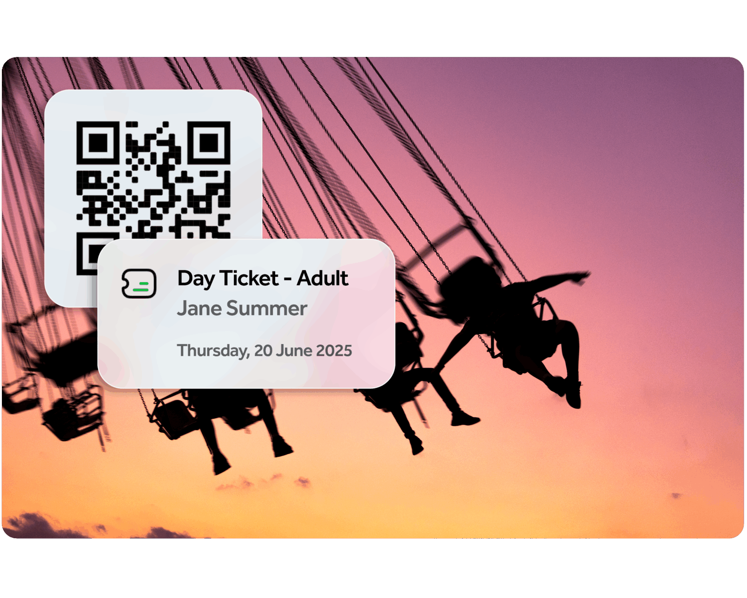 Silahouttes  of people on swings at a fair. 