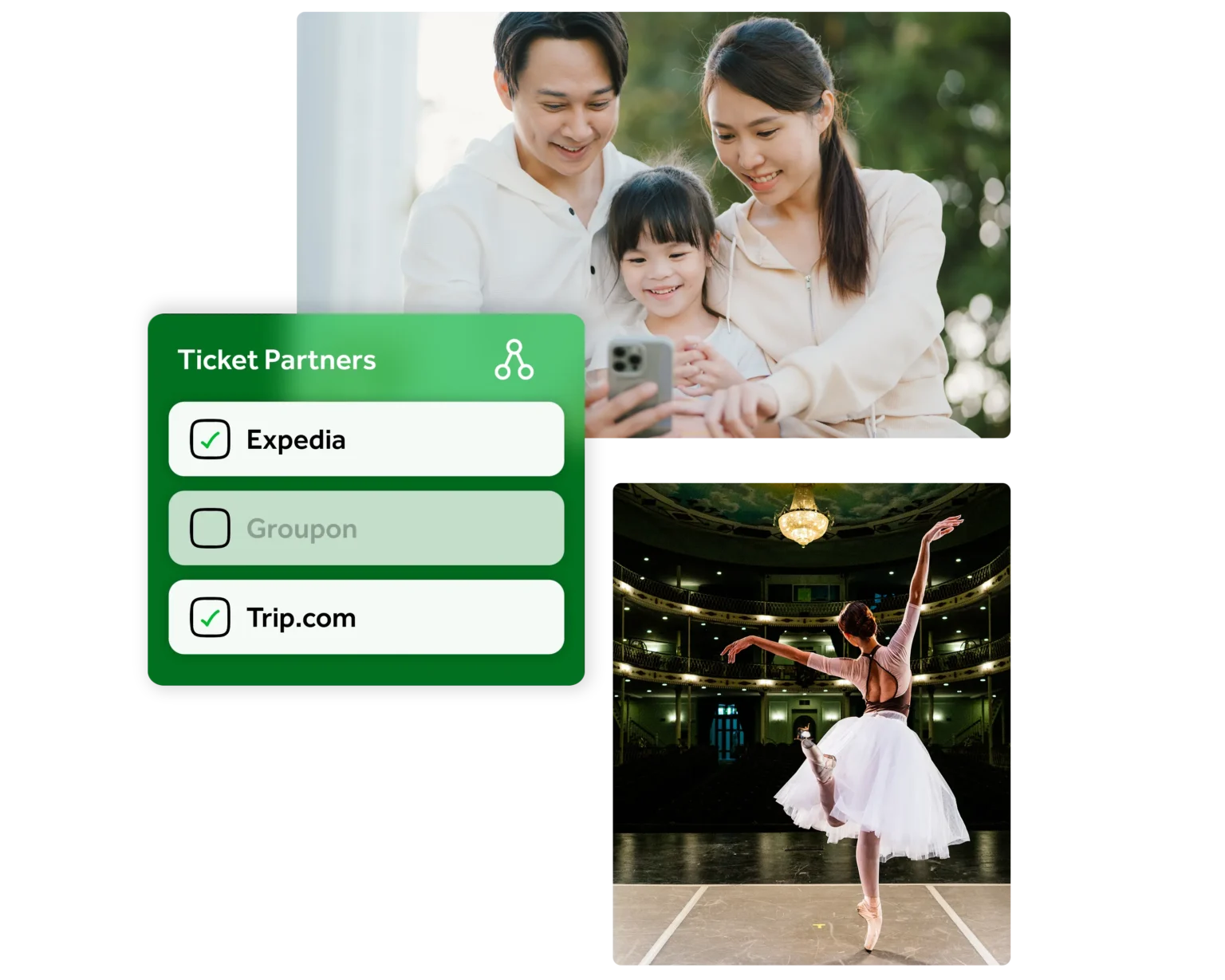 Mobile app content over photo of ballerina and family on phone together