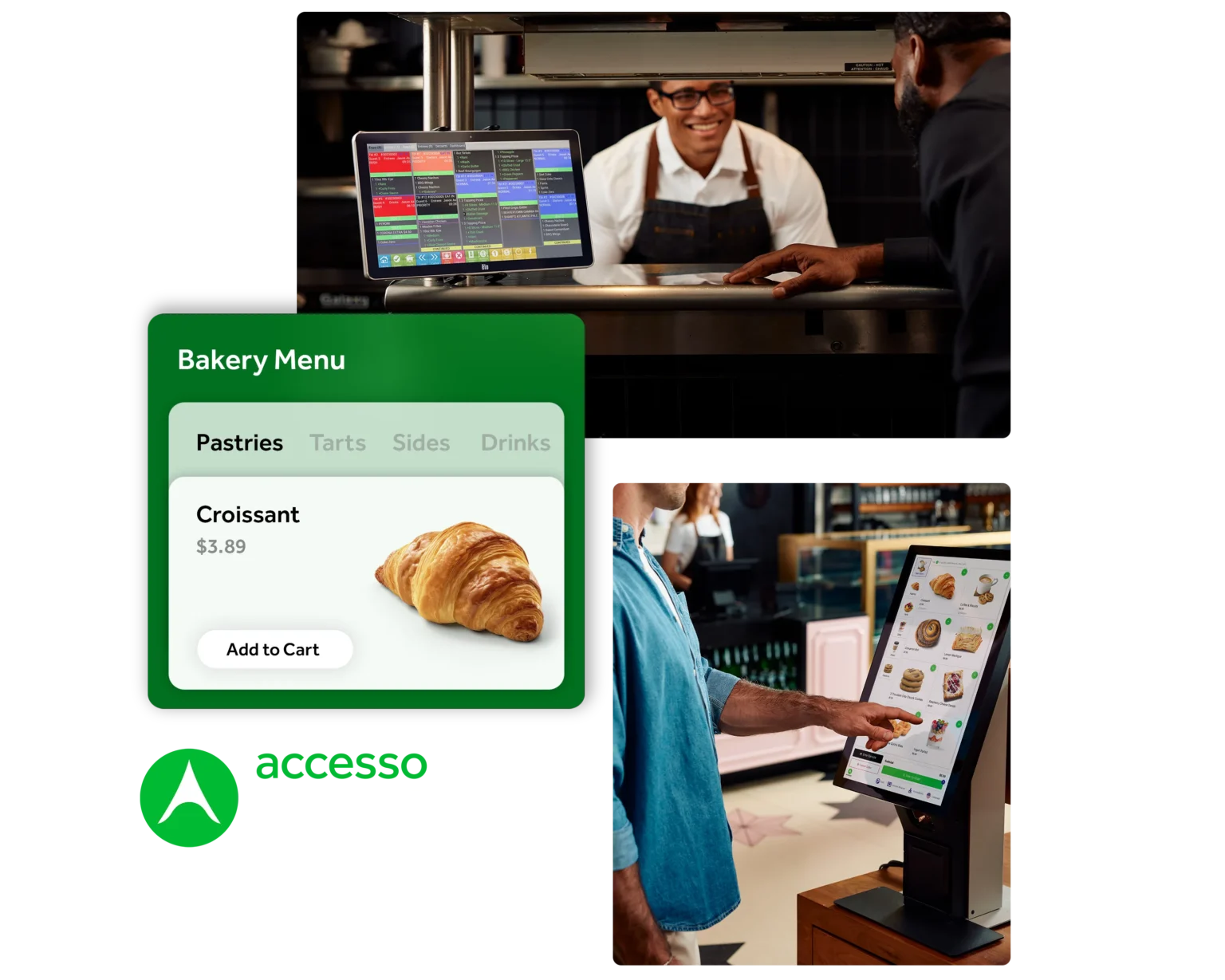 Freedom mobile screens in front of chef photo and kiosk checkout photo