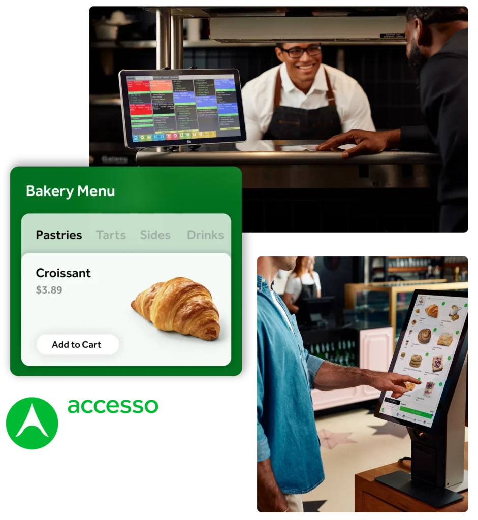 Freedom mobile screens in front of chef photo and kiosk checkout photo
