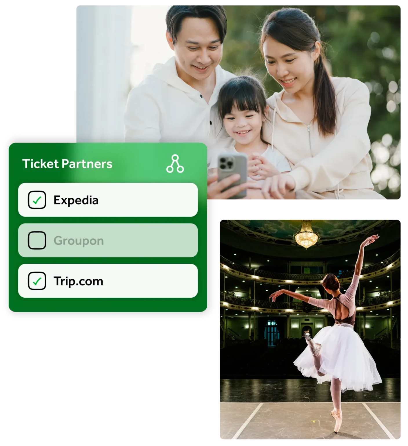 Mobile app content over photo of ballerina and family on phone together