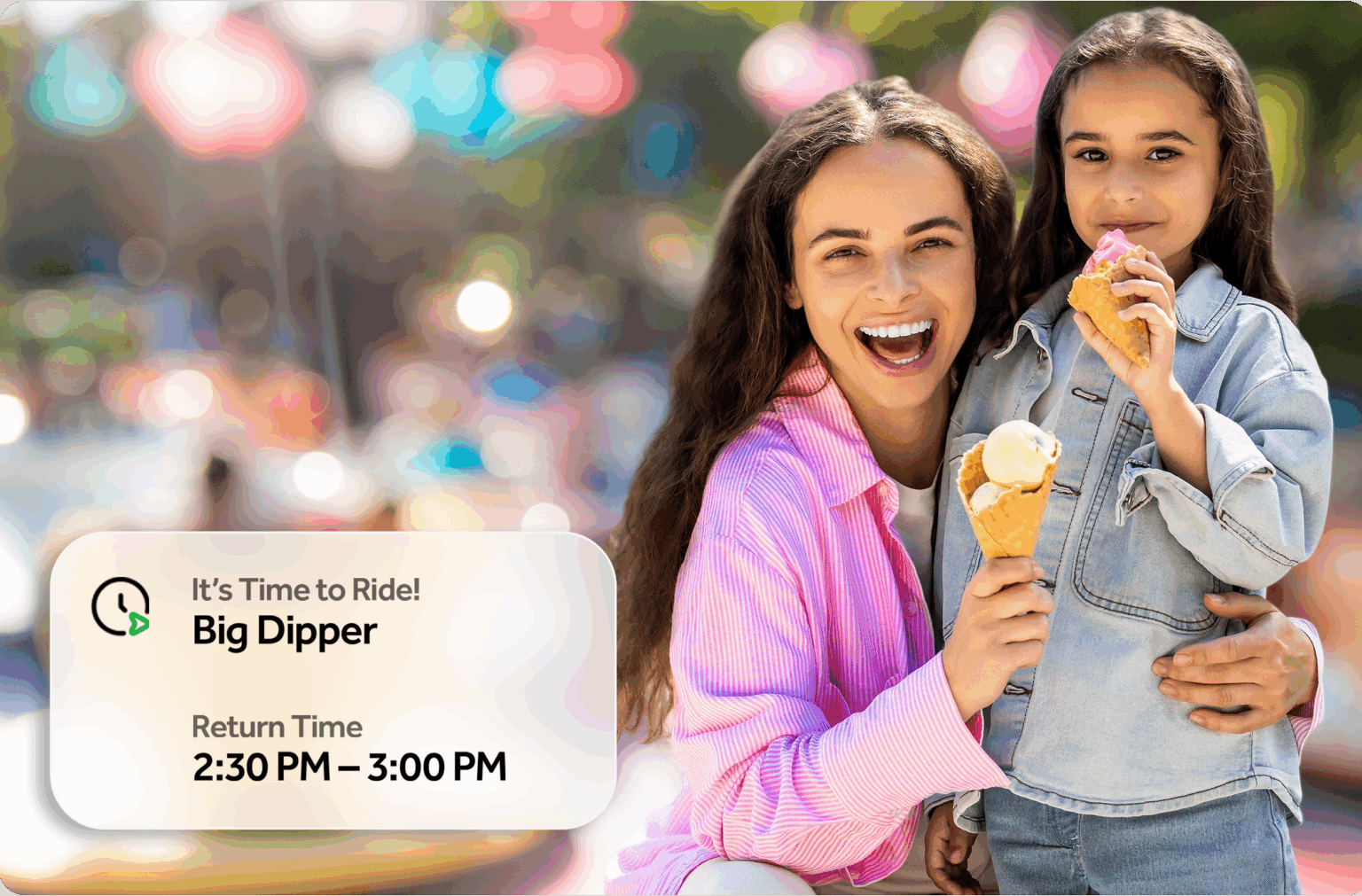 Woman eating ice cream with her daughter smiling.