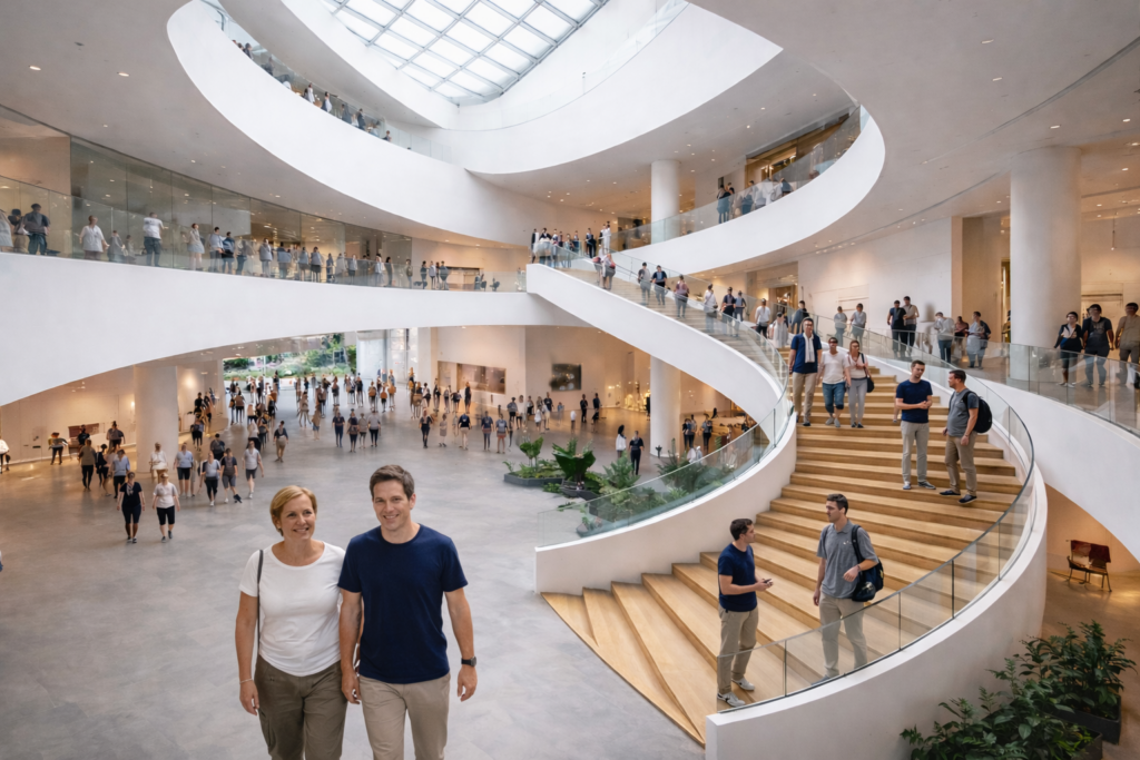 Guests gathered in modern atrium.