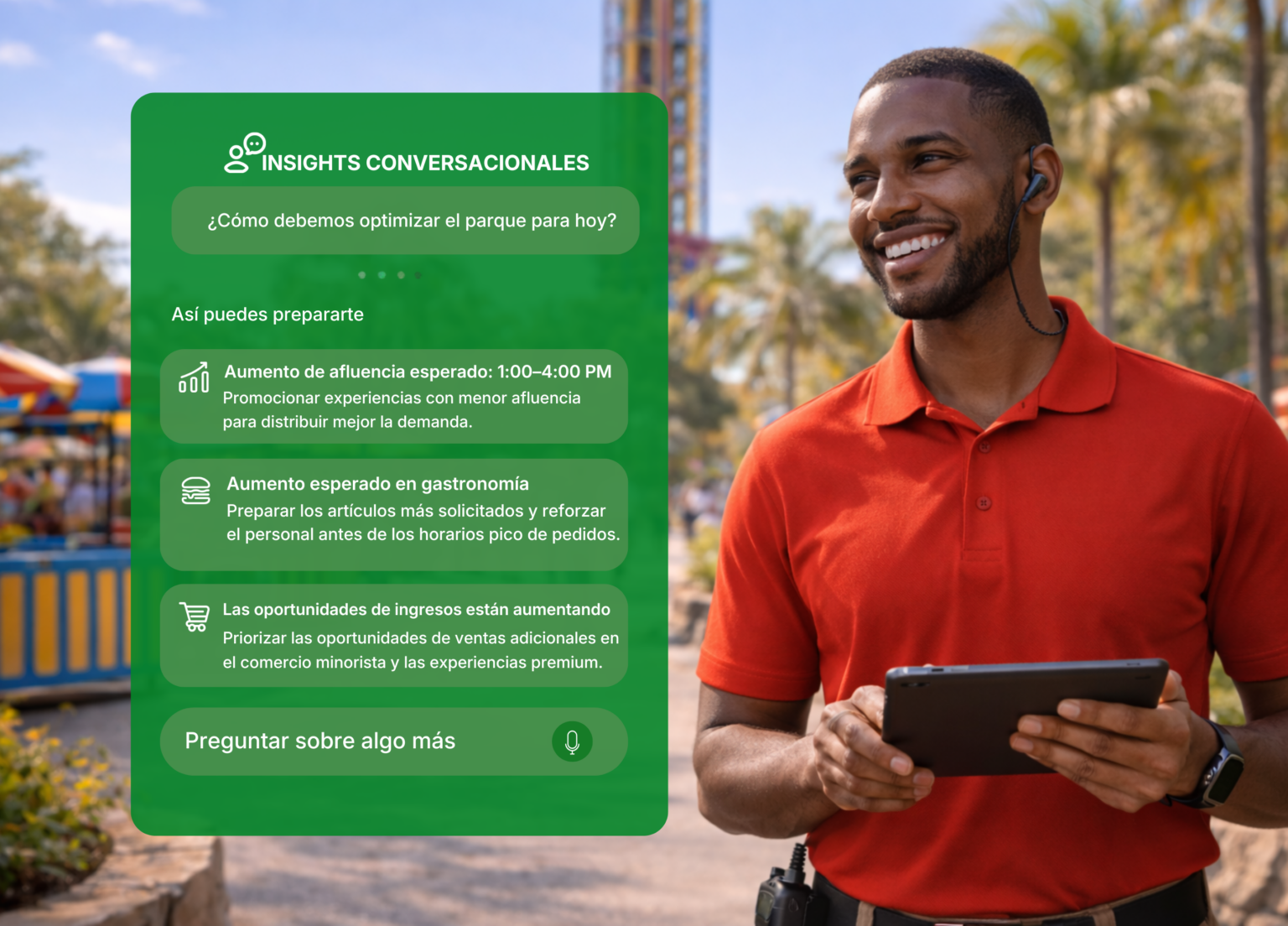 Theme park employee using conversational AI.